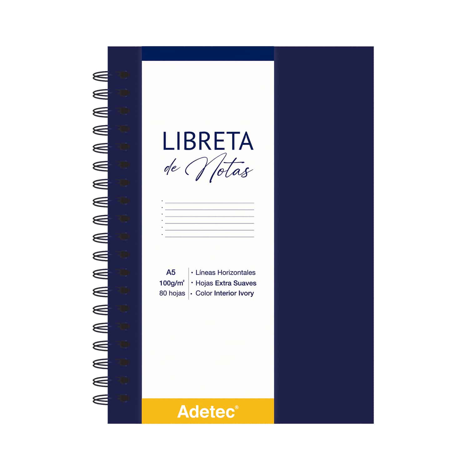 Libreta de Notas A5 Azul Oscuro Anillada Con Elástico/100gr x 80 Hojas Adetec