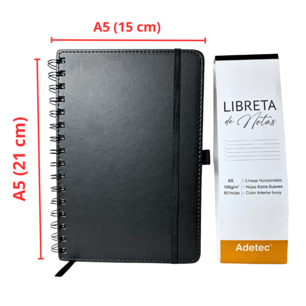 Libreta de Notas A5 Negra Anillada Con Elástico/100gr x 80 Hojas Adetec - Imagen 2
