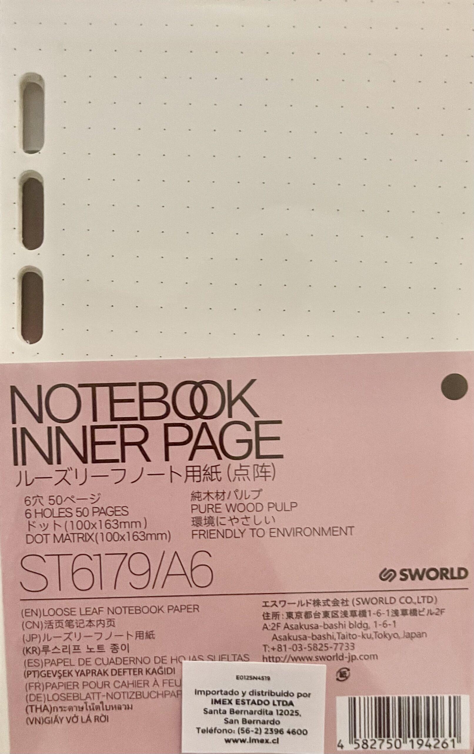 Repuesto 50 hojas A6 Agenda Sworld