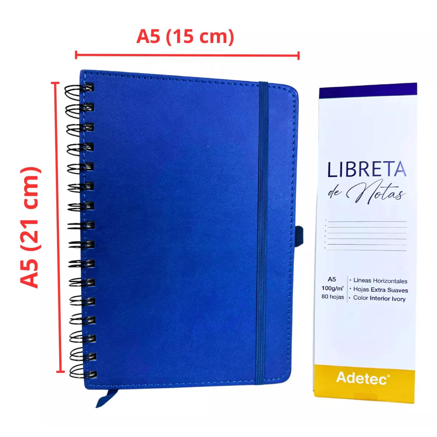 Libreta de Notas A5 Azul Oscuro Anillada Con Elástico/100gr x 80 Hojas Adetec - Imagen 2